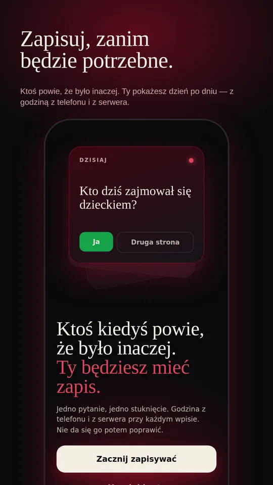 Ekran „Dzisiaj” z pytaniem dnia i hasłem „Zapisuj, zanim będzie potrzebne”.