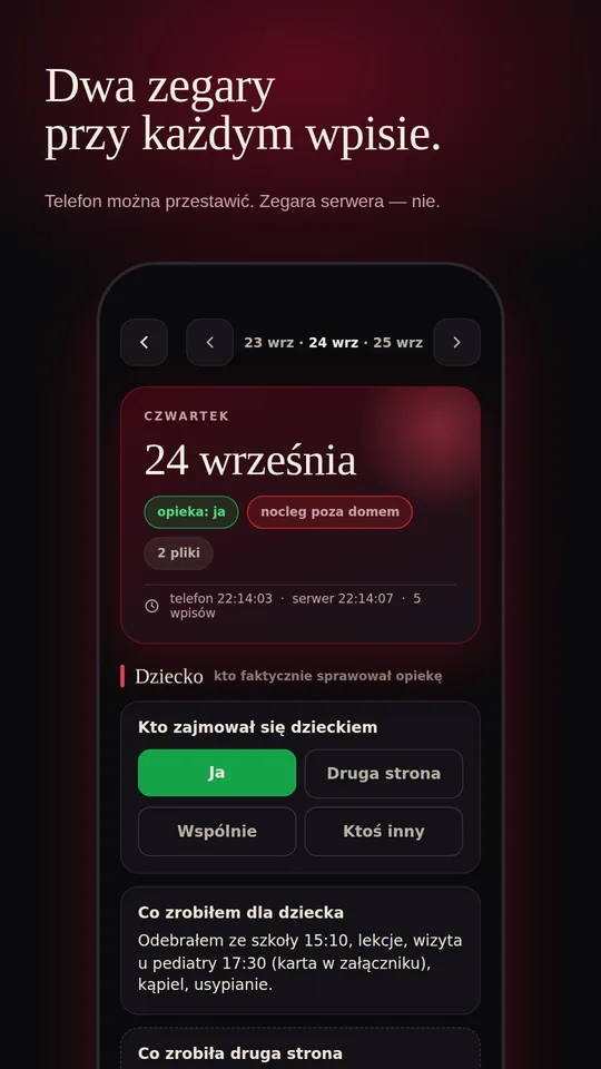 Wpis dnia z dwoma znacznikami czasu: z telefonu i z serwera.