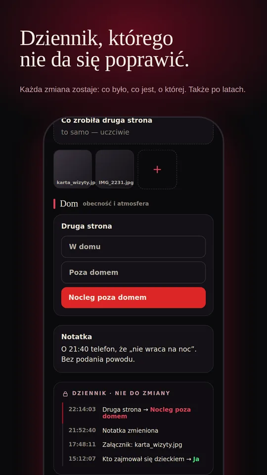 Dziennik zdarzeń — lista zmian z godzinami, bez możliwości edycji.